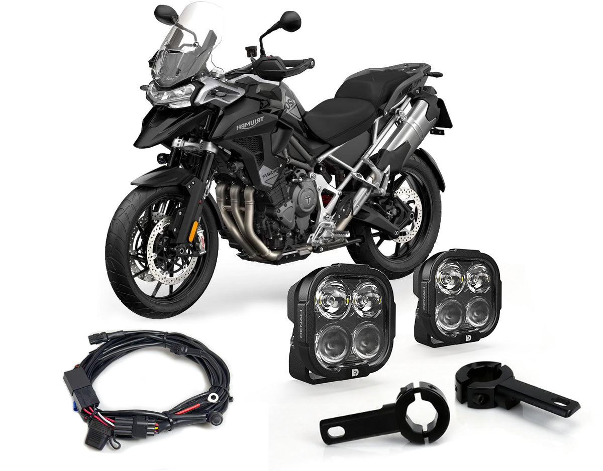 Faretti DL4 DENALI montati su barre paramotore di Triumph Tiger