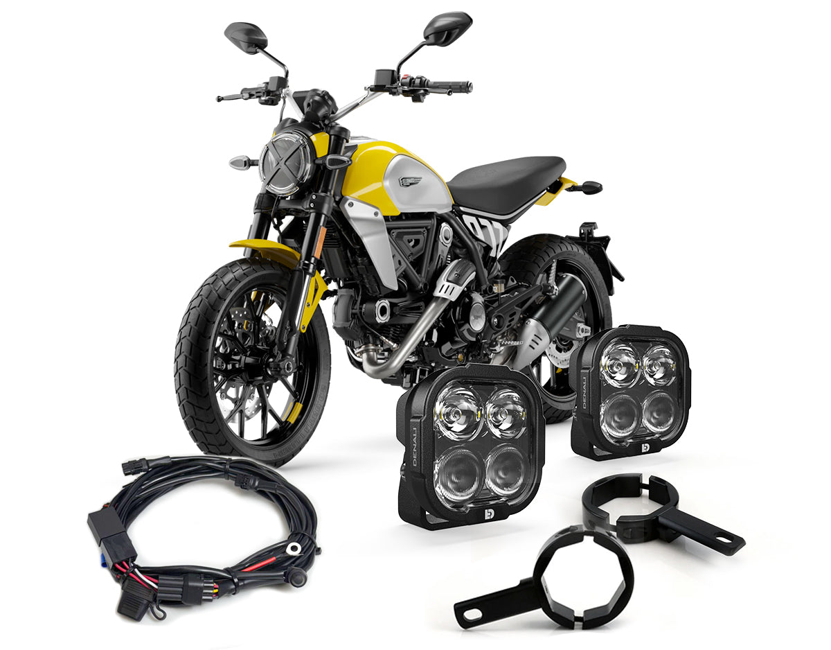 Kit DENALI DNL22KIT009 con due faretti DL4, morsetti e cablaggio per Ducati Scrambler