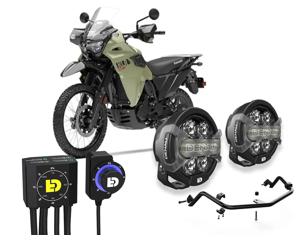 Kit DENALI DNL08KIT002 con faretti D7 PRO e controller DialDim sulla Kawasaki KLR 650
