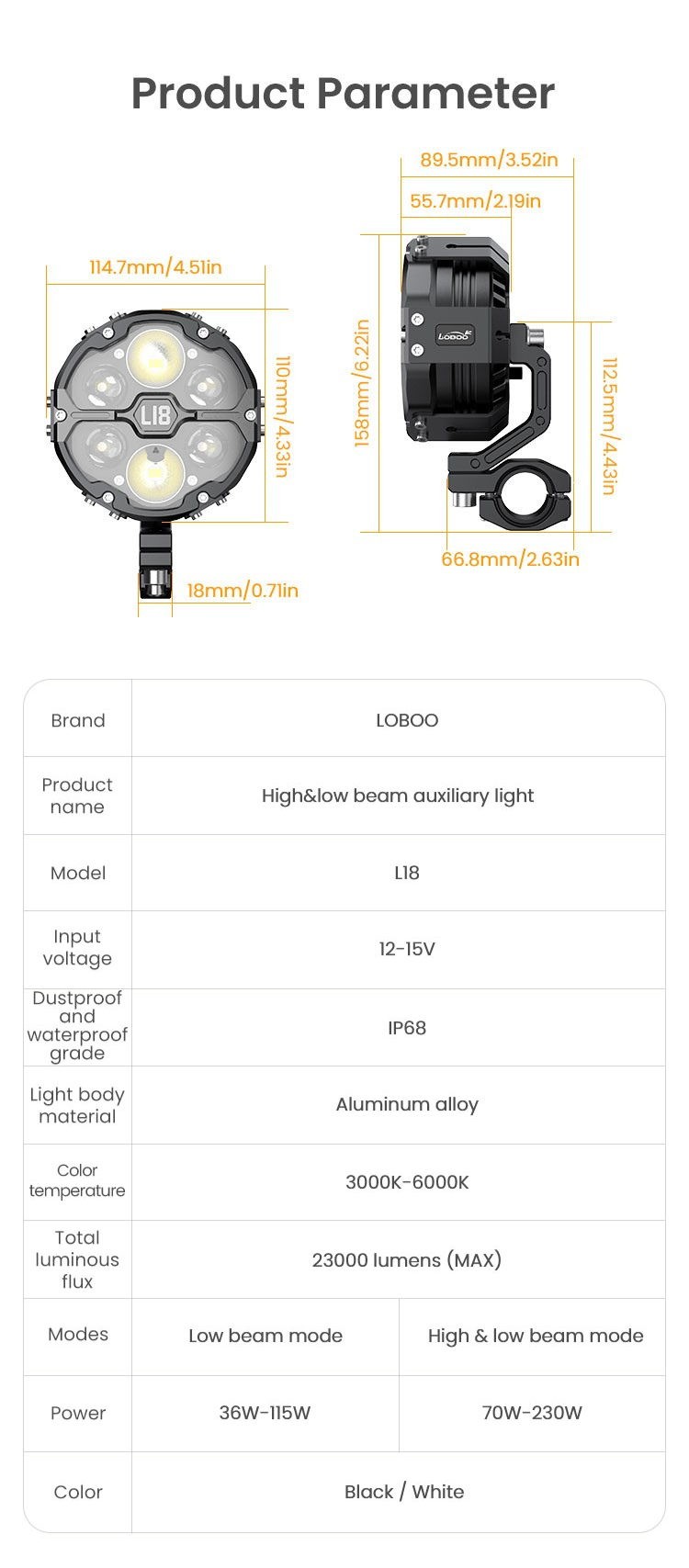Scheda tecnica LOBOO L18S: montaggio, collari e comando al manubrio