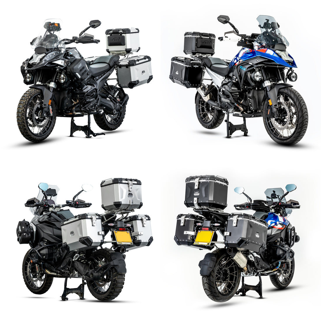 Quattro viste della BMW R 1300 GS con valigie laterali e bauletto LOBOO CONQUEROR