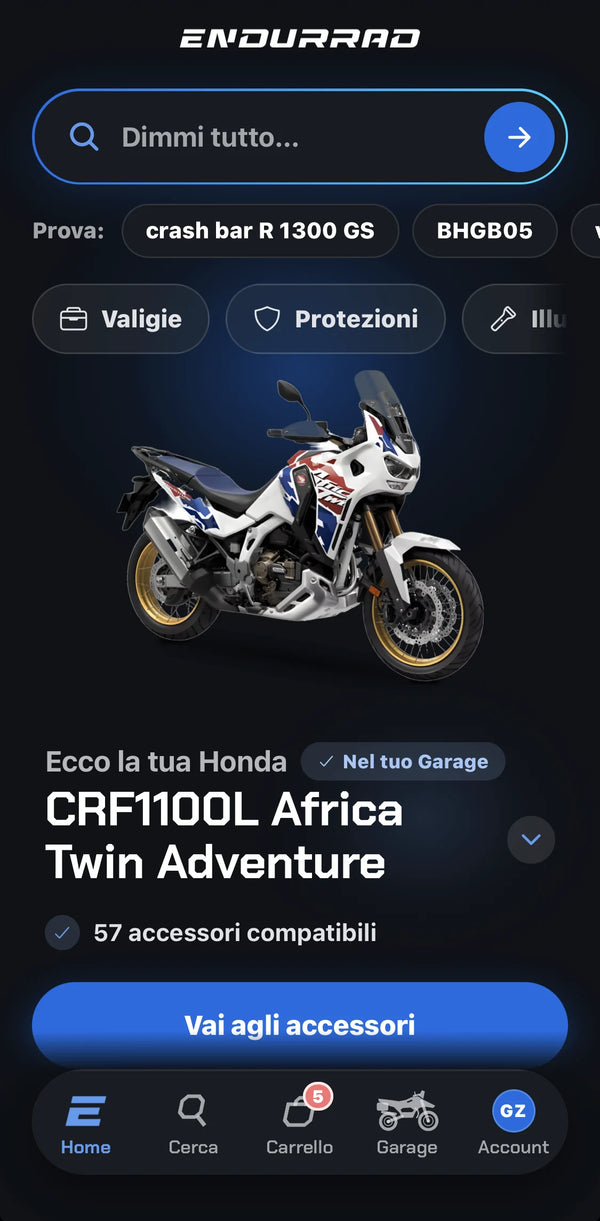 App Endurrad su iPhone: la Honda CRF1100L Africa Twin Adventure nel Garage con 57 accessori compatibili
