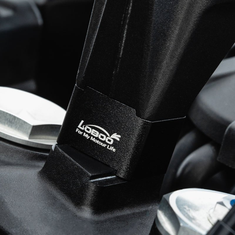 Dettaglio del logo LOBOO inciso sul riser CJG603 montato sulla CFMOTO 800MT-X