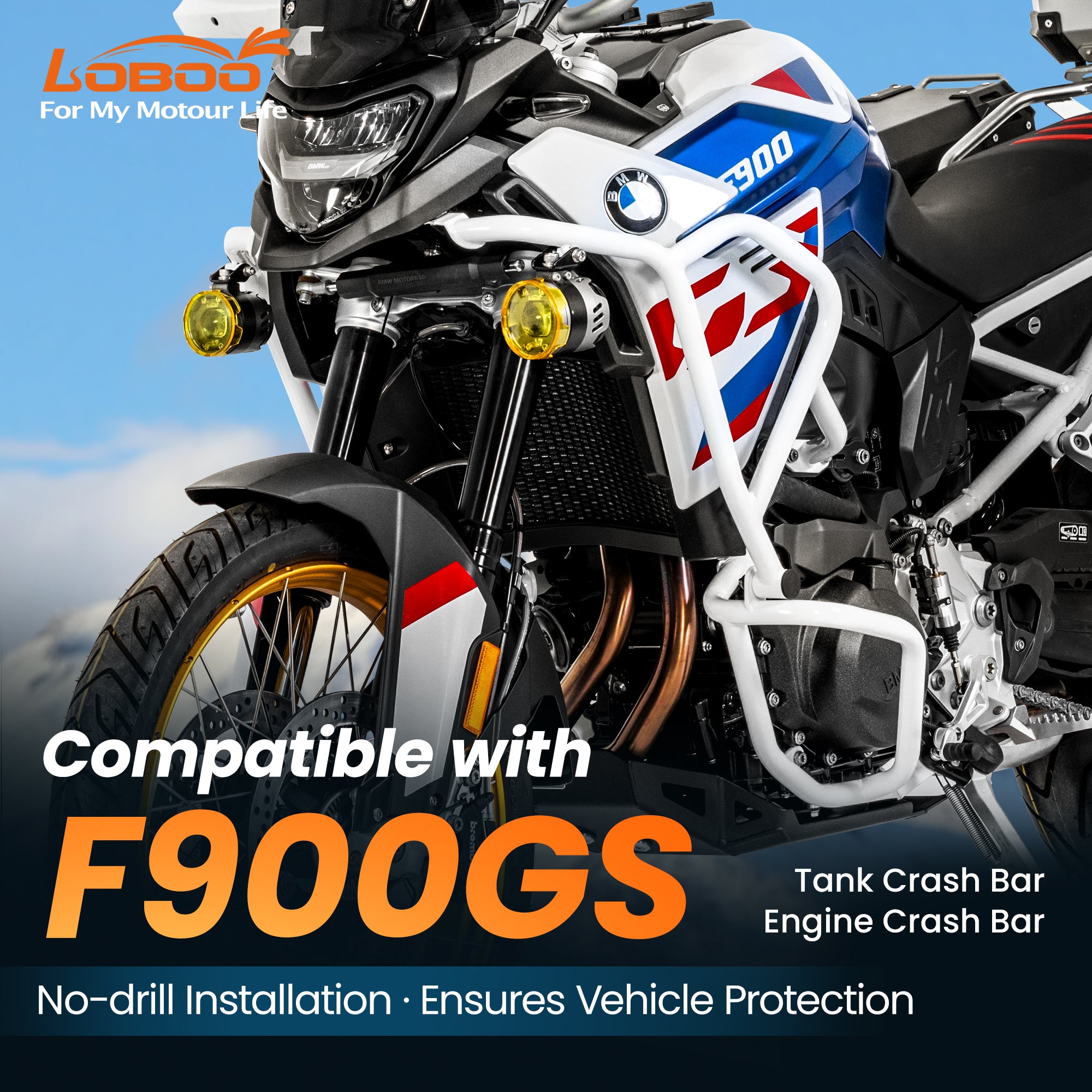 Crash bar LOBOO CHG025 per BMW F900GS: barra serbatoio e barra motore in versione bianca
