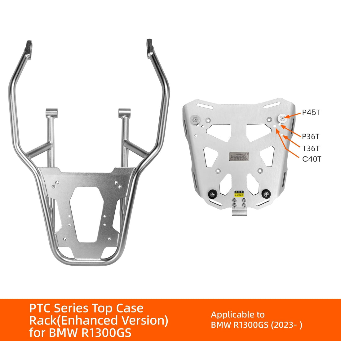 Portapacchi posteriore JP131WB montato sulla BMW R 1300 GS, vista della struttura maggiorata