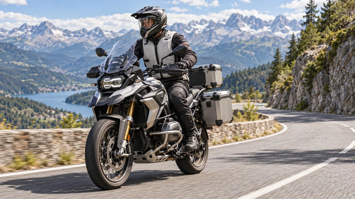Motociclista in sella a una maxi enduro con valigie e gilet airbag su una strada di montagna