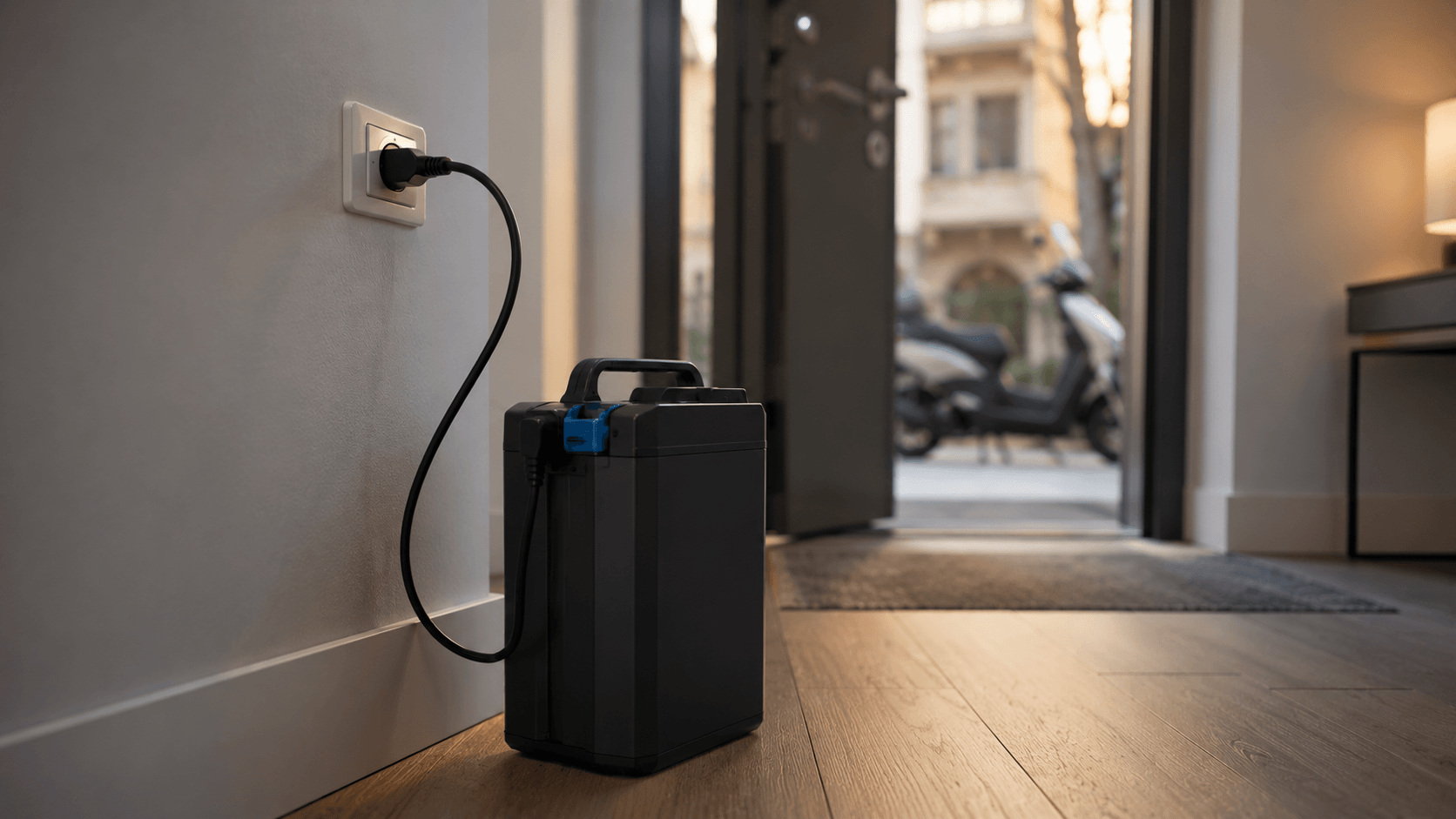 Batteria di scooter elettrico in ricarica da presa domestica