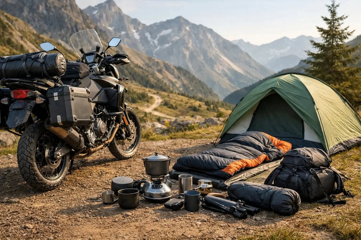 Moto adventure con valigie e borsa posteriore accanto a una tenda da campeggio montata in montagna, con fornello e sacco a pelo appoggiati a terra