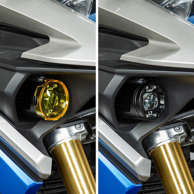 Faro L7 montato sulla VOGE DS525X, con e senza copri-lente giallo
