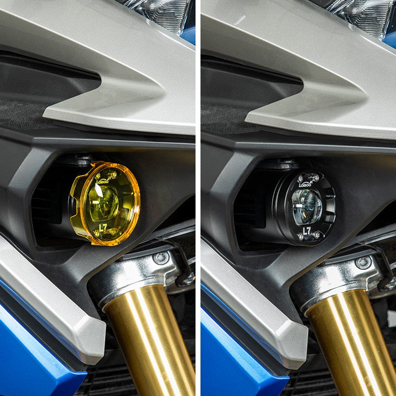 Faro L7 montato sulla VOGE DS525X, con e senza copri-lente giallo