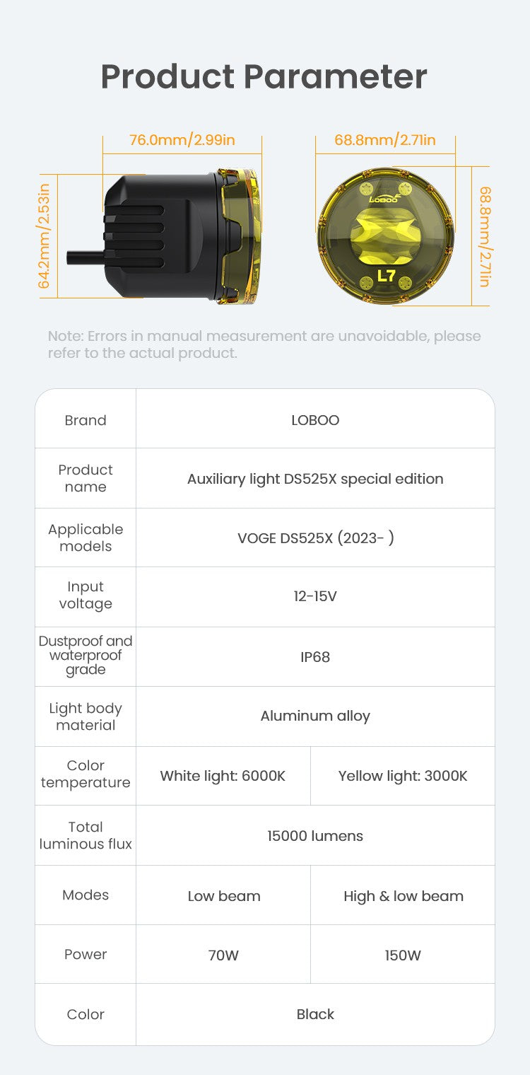 Scheda tecnica del faro ausiliario LOBOO L7 per VOGE DS525X