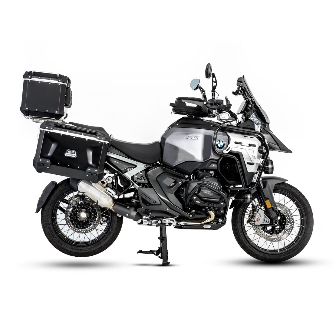 BMW R 1300 GS con valigie laterali e bauletto LOBOO CONQUEROR in alluminio nero, vista laterale destra