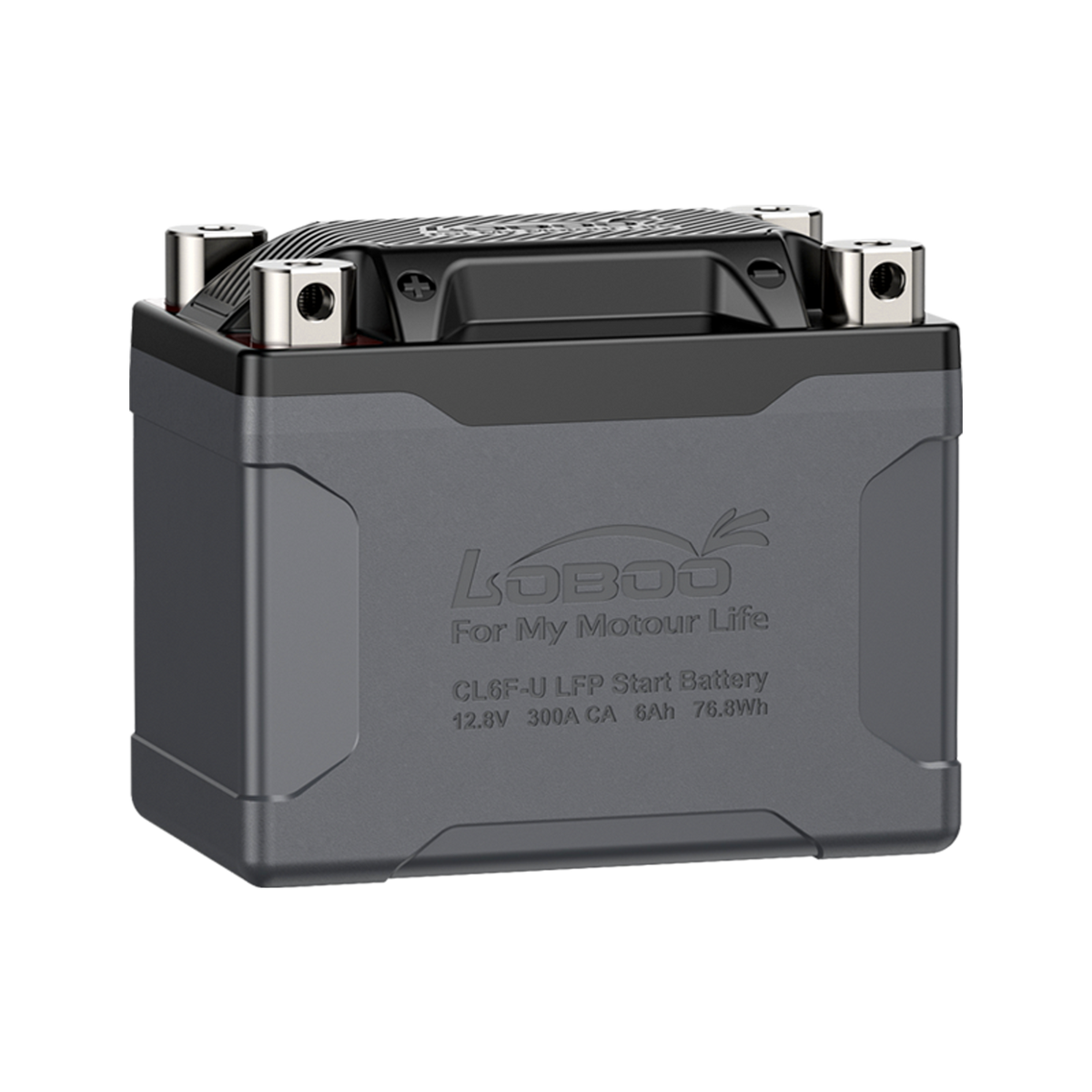 Batteria al litio LOBOO CL6F-U LiFePO4 da 6 Ah e 300 A, vista frontale
