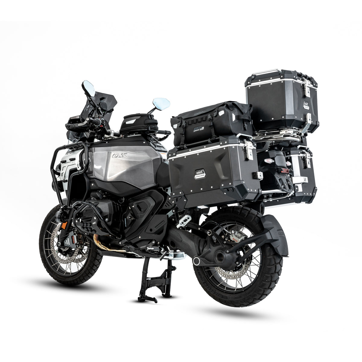 Moto da viaggio con valigie laterali, bauletto e borsa ALPS da 18 litri