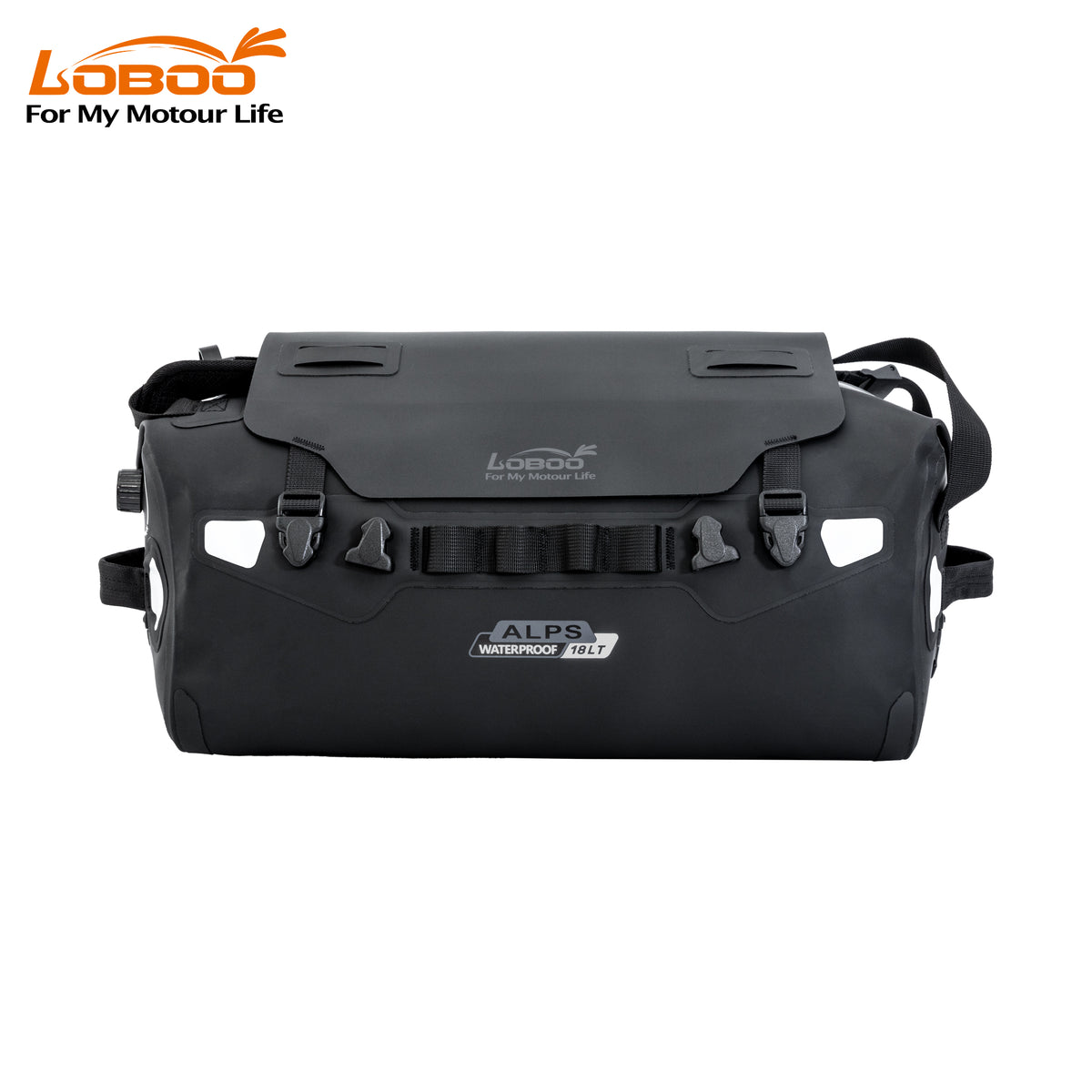 Borsa ALPS da 18 litri nera, vista frontale su fondo bianco