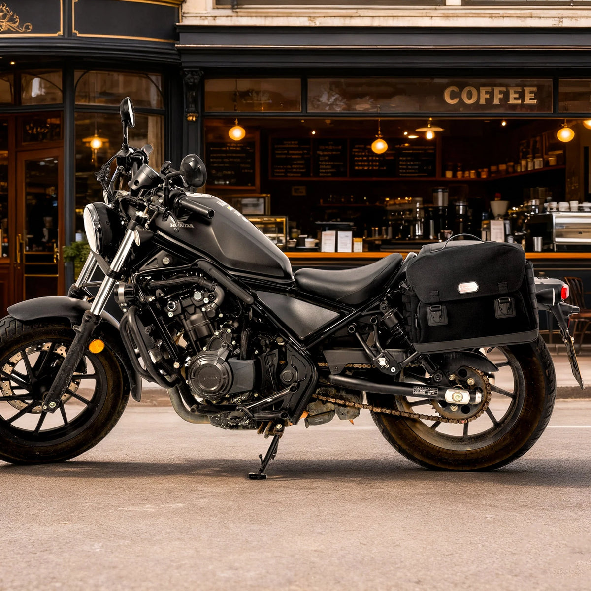 Borsa laterale LOBOO BCB12BK montata su Honda CM500 parcheggiata davanti a un bar