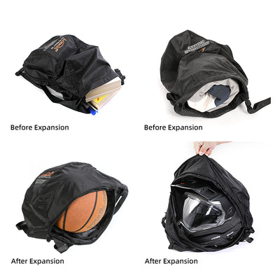 Borsa porta casco LOBOO BHB01BK con libri e vestiti prima dell'espansione, pallone e casco integrale dopo