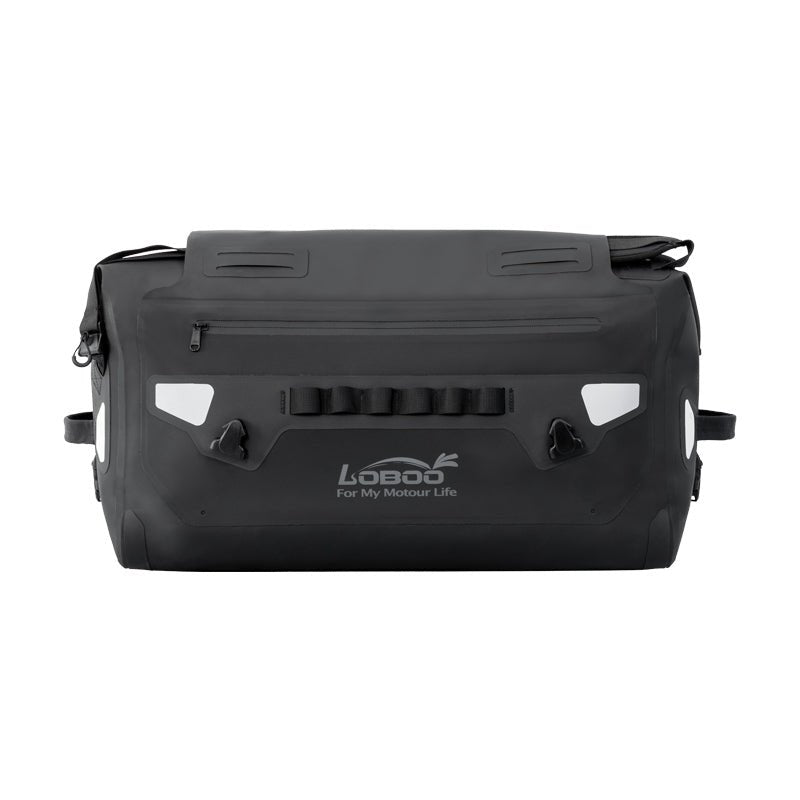 Borsa posteriore LOBOO ALPS 46 L vista frontale, con cerniera ermetica chiusa e patta di copertura