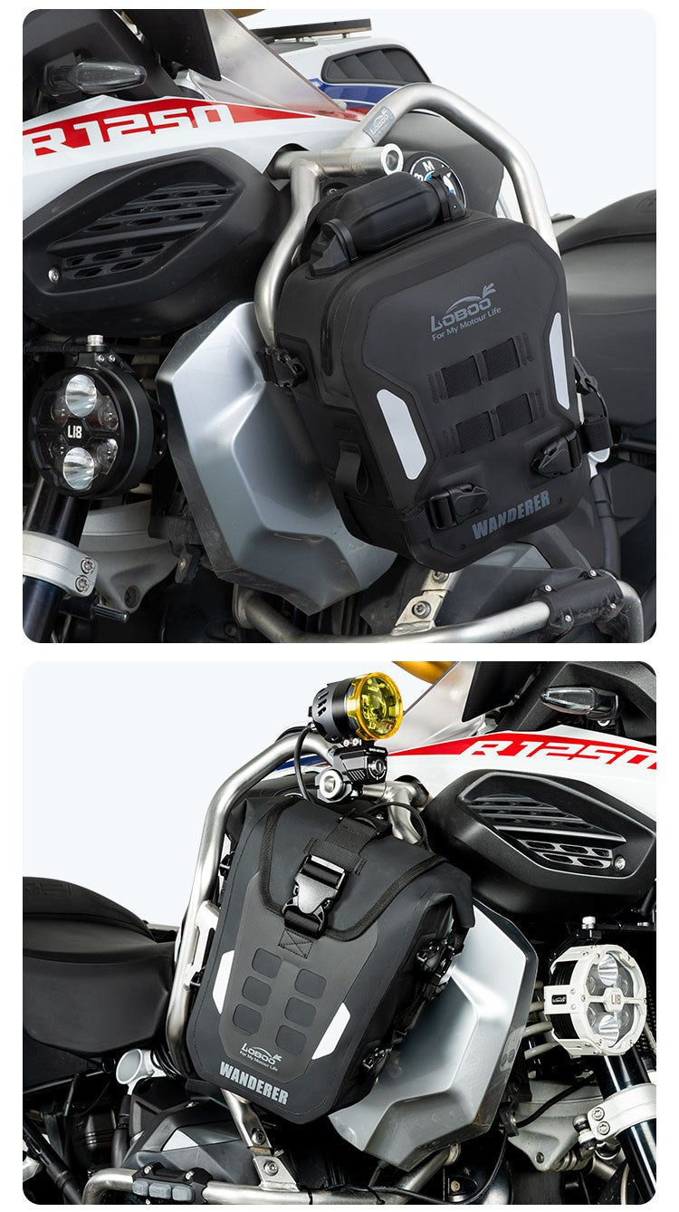 Sacs LOBOO Wanderer gonflable et roll-top montés sur les crash bars d'une BMW R 1250 GS, vus de trois quarts avant
