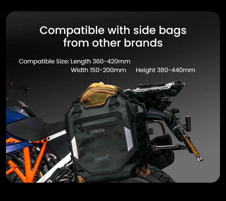 Il supporto LOBOO Alps accetta borse laterali di altri marchi da 360-420 x 150-200 x 380-440 mm