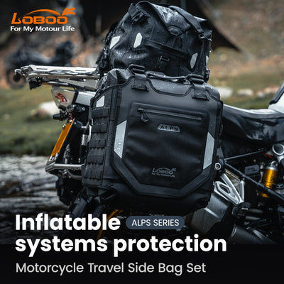 Borsa LOBOO Alps montata su moto adventure sotto la pioggia, gocce sul tessuto TPU