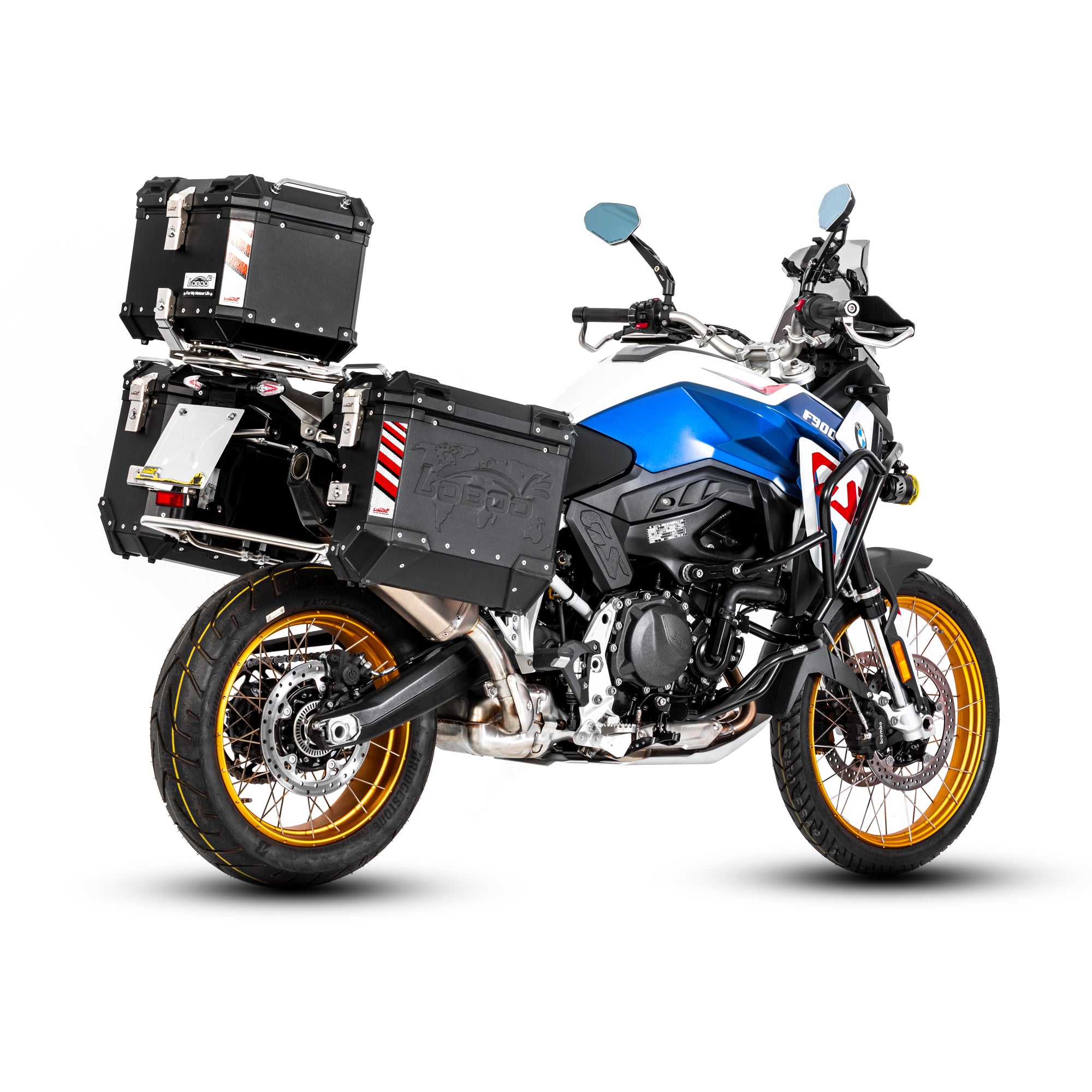 Crash bar LOBOO CHG025 nero su BMW F900GS, vista tre quarti posteriore sinistra con valigie