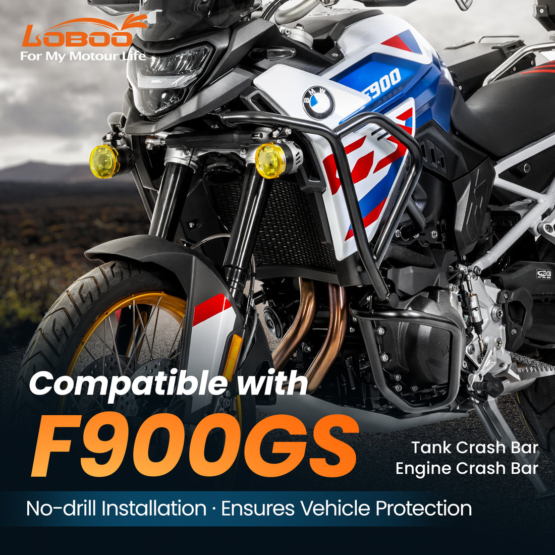 Crash bar LOBOO CHG025 per BMW F900GS: barra serbatoio e barra motore in versione nera
