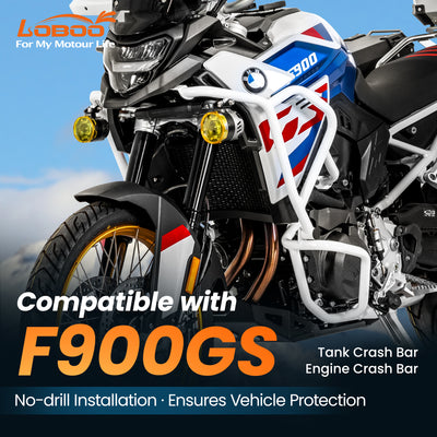 Crash bar LOBOO CHG025 per BMW F900GS: barra serbatoio e barra motore in versione bianca