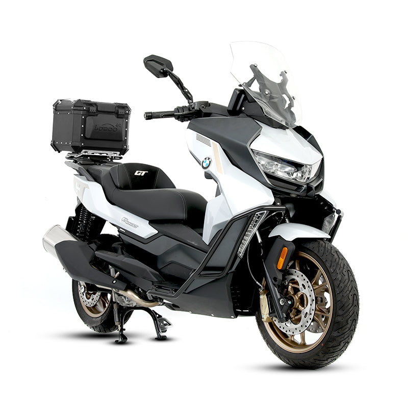 BMW C 400 GT con crash bar LOBOO CHG102 nero, vista tre quarti anteriore destra