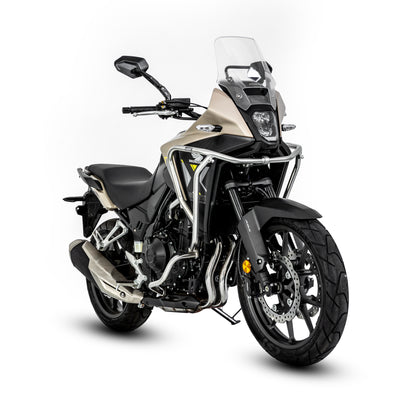 Honda NX400 con crash bar LOBOO CHG289 argento, vista tre quarti anteriore destra