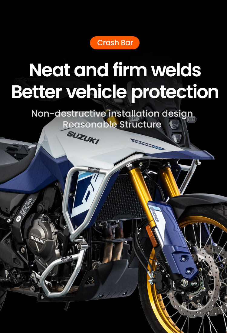 Crash bar LOBOO CHG421 argento montato su Suzuki V-Strom 800DE, vista laterale anteriore