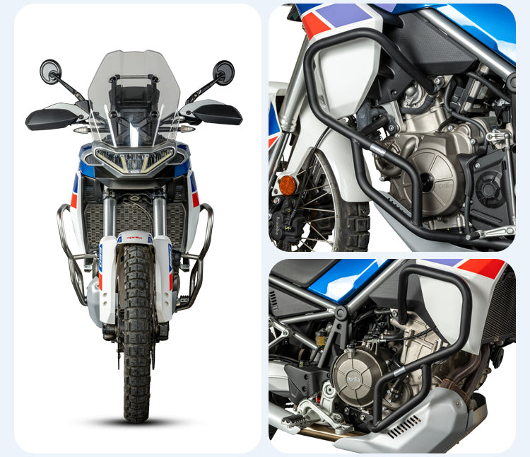Viste frontale e ravvicinate del crash bar LOBOO CHG441 nero su Aprilia Tuareg 660