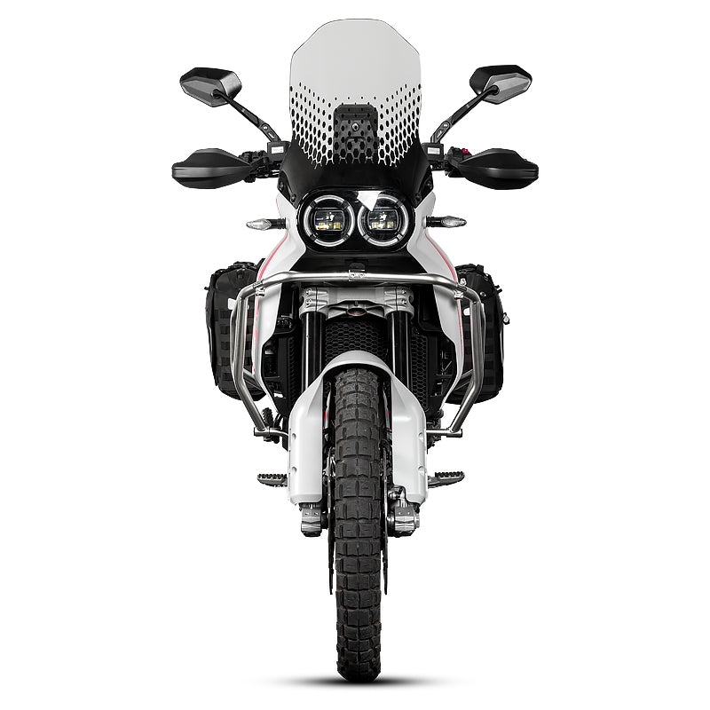 Ducati DesertX con crash bar LOBOO CHG581 argento, vista frontale