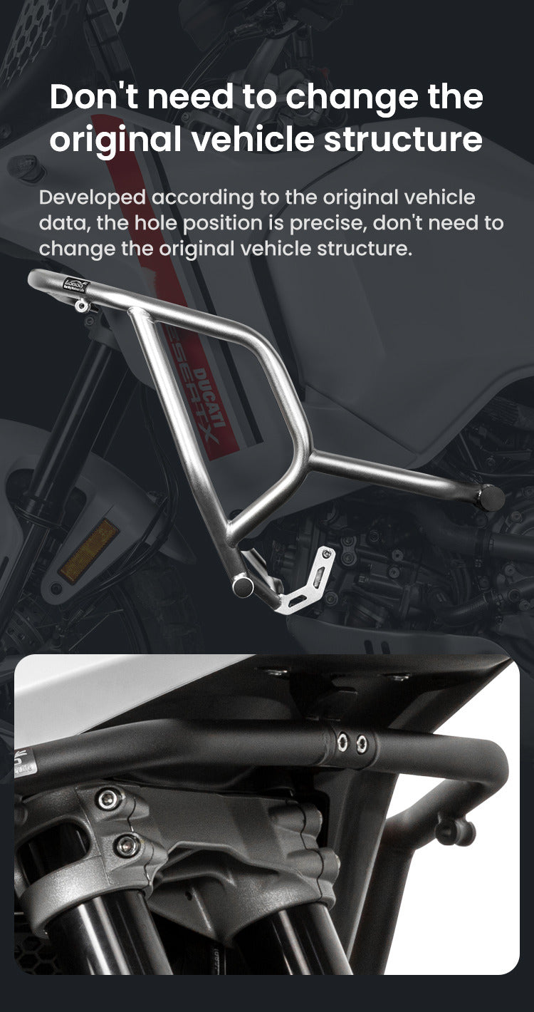 Il crash bar LOBOO CHG581 si fissa sui punti originali della Ducati DesertX senza modificare il telaio