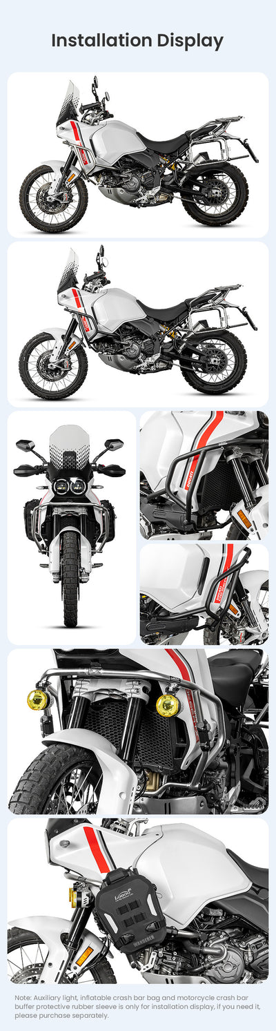 Ducati DesertX con crash bar LOBOO CHG581 montato, viste laterali, frontali e di dettaglio