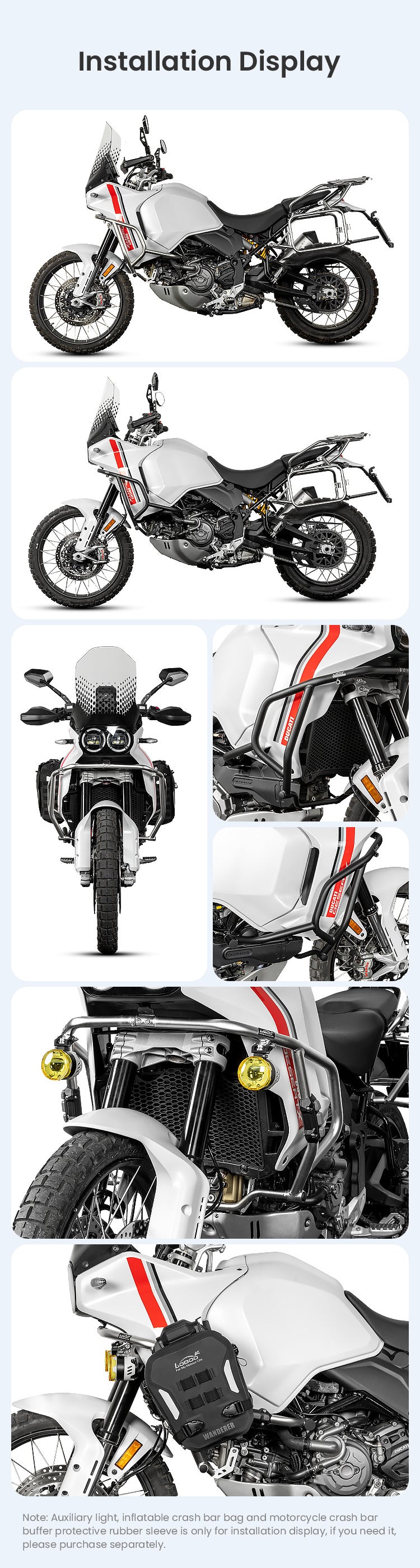 Ducati DesertX con crash bar LOBOO CHG581 montato, viste laterali, frontali e di dettaglio