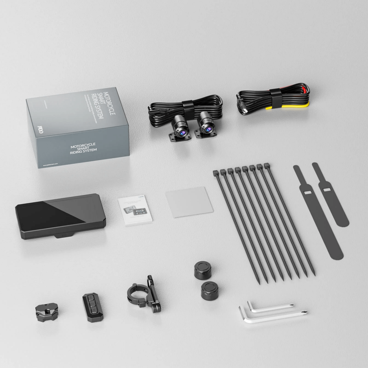 JADO S6 Kit complet : S6 + dashcam Sony + TMPS pression des pneus moto, télécommande sans fil, support guidon, livret d'instructions, clés hexagonales, colliers de serrage, bloque-câble, câbles GPS et d'alimentation, support pour articulation guidon.