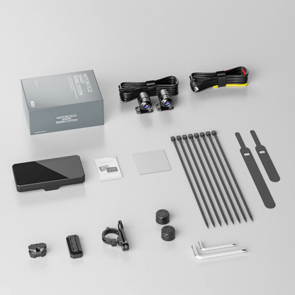 JADO S6 Kit complet : S6 + dashcam Sony + TMPS pression des pneus moto, télécommande sans fil, support guidon, livret d'instructions, clés hexagonales, colliers de serrage, bloque-câble, câbles GPS et d'alimentation, support pour articulation guidon.