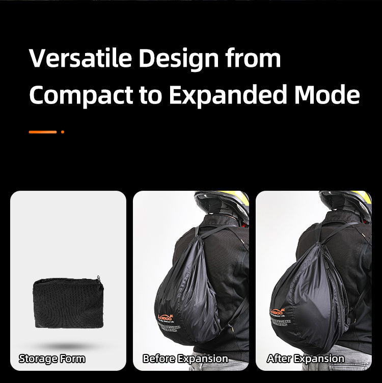 Trois configurations : étui plié, sac à dos normal, sac à dos déployé