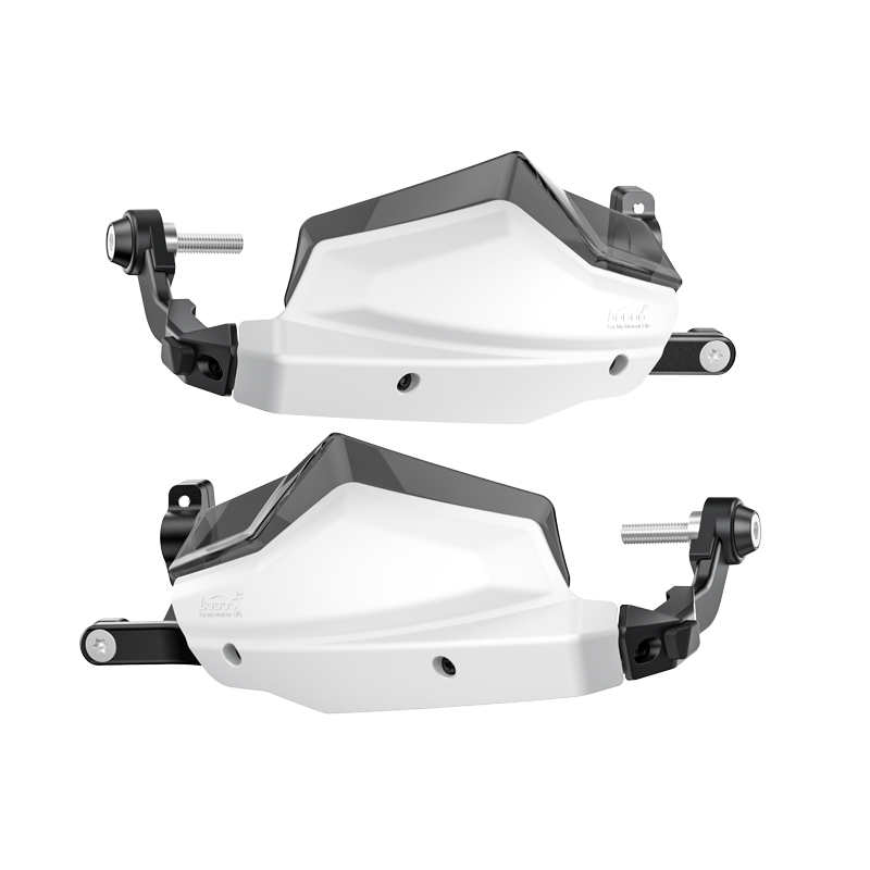 Coppia di paramani in alluminio per BMW GS con scudo bianco, staffe nere e deflettore regolabile
