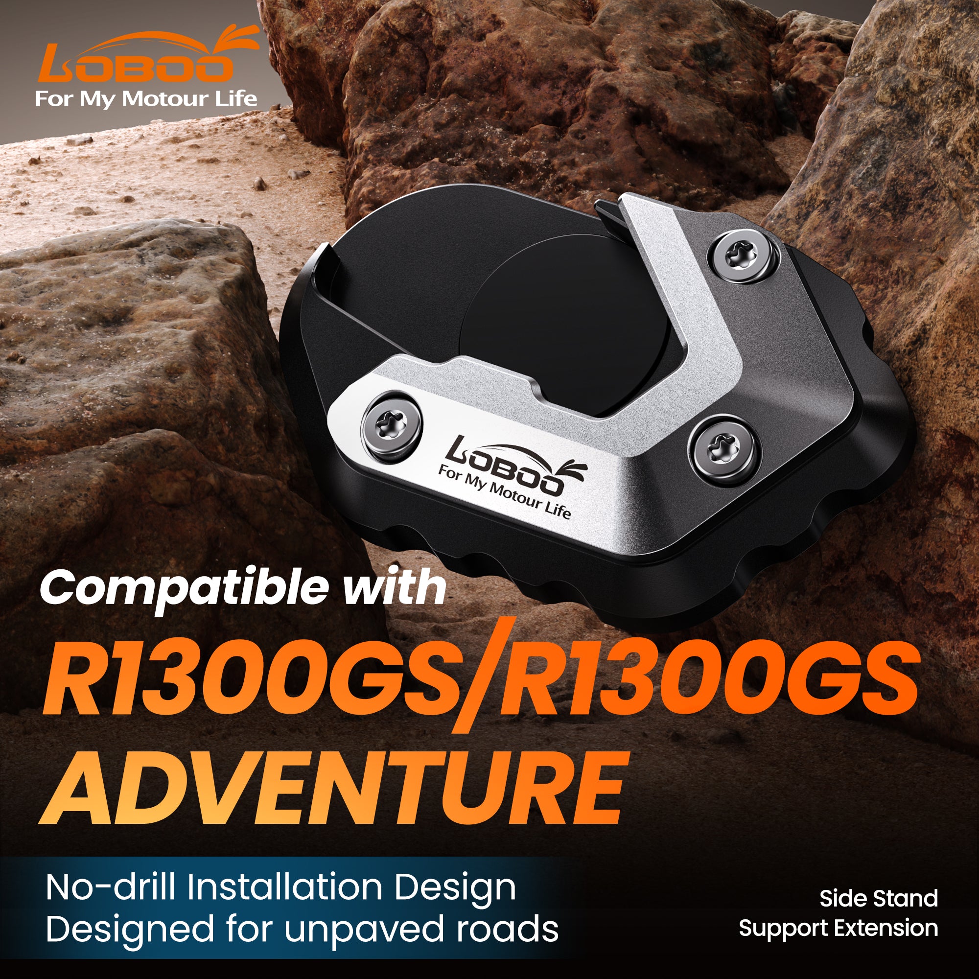 Piastra cavalletto LOBOO CJC151-CN appoggiata su roccia, per BMW R1300GS e R1300GS Adventure