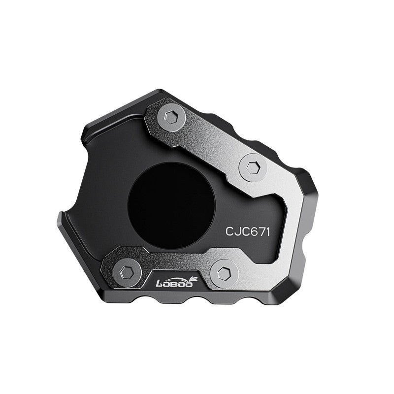 Piastra cavalletto LOBOO CJC671 per Benelli TRK 702 vista dall'alto, base nera in alluminio e cover in inox 304
