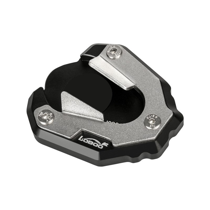 Piastra cavalletto LOBOO CJC921 per Triumph Tiger 1200 GT Pro vista dall'alto, base nera in alluminio e cover in inox 304