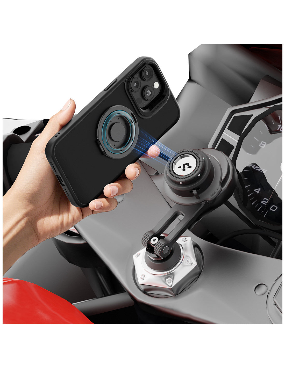 Porta cellulare moto da cannotto di sterzo Outplorer QM12 con inclinazione regolabile, aggancio del telefono su una moto sportiva