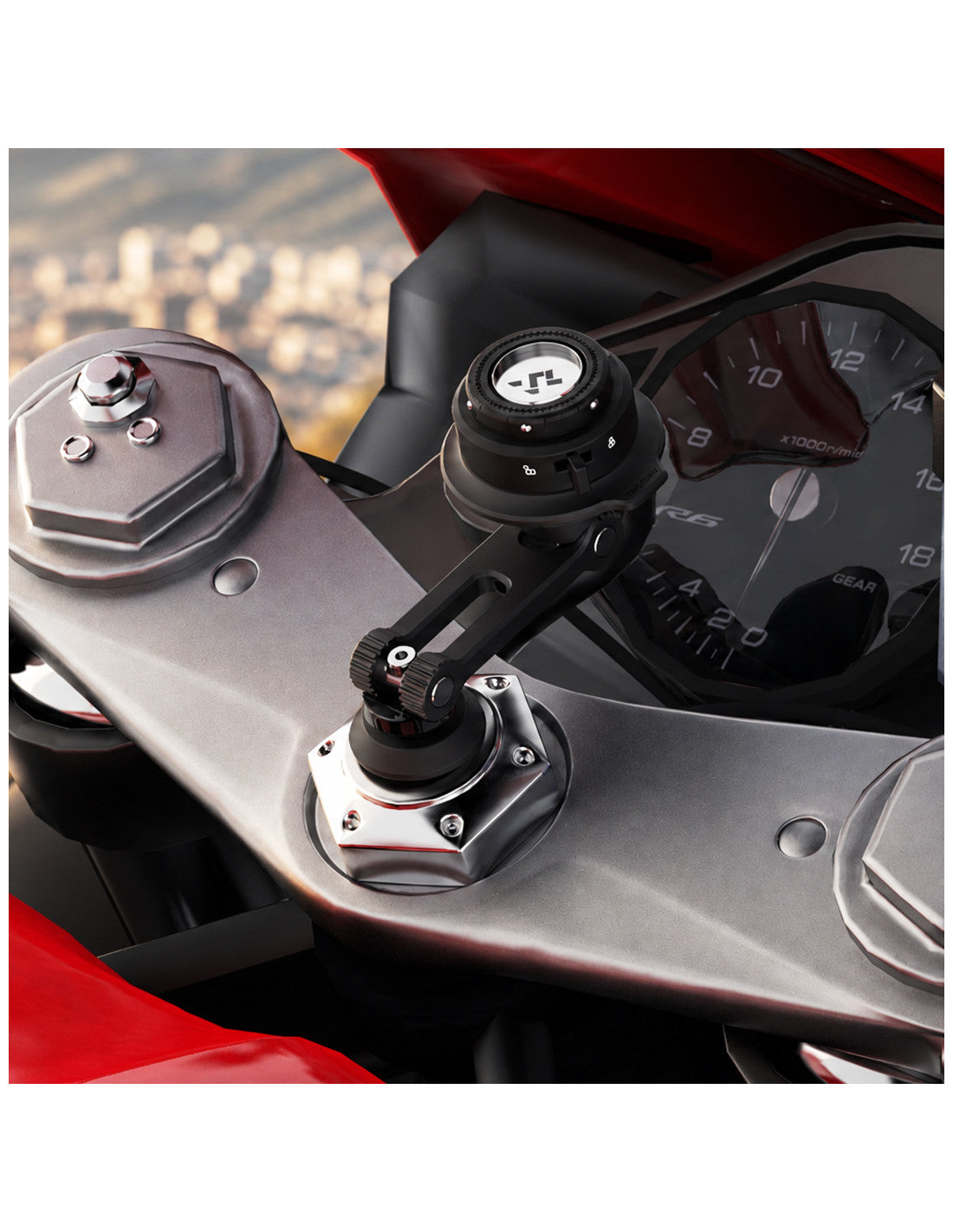 Porta cellulare moto da cannotto di sterzo Outplorer QM12 con inclinazione regolabile, montato nel cannotto di sterzo di una moto sportiva