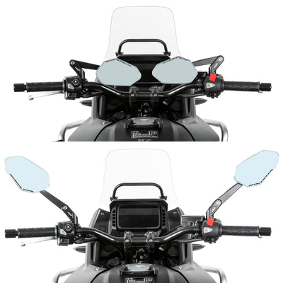 Moto vista di fronte con la coppia di specchietti LOBOO RM03 installata