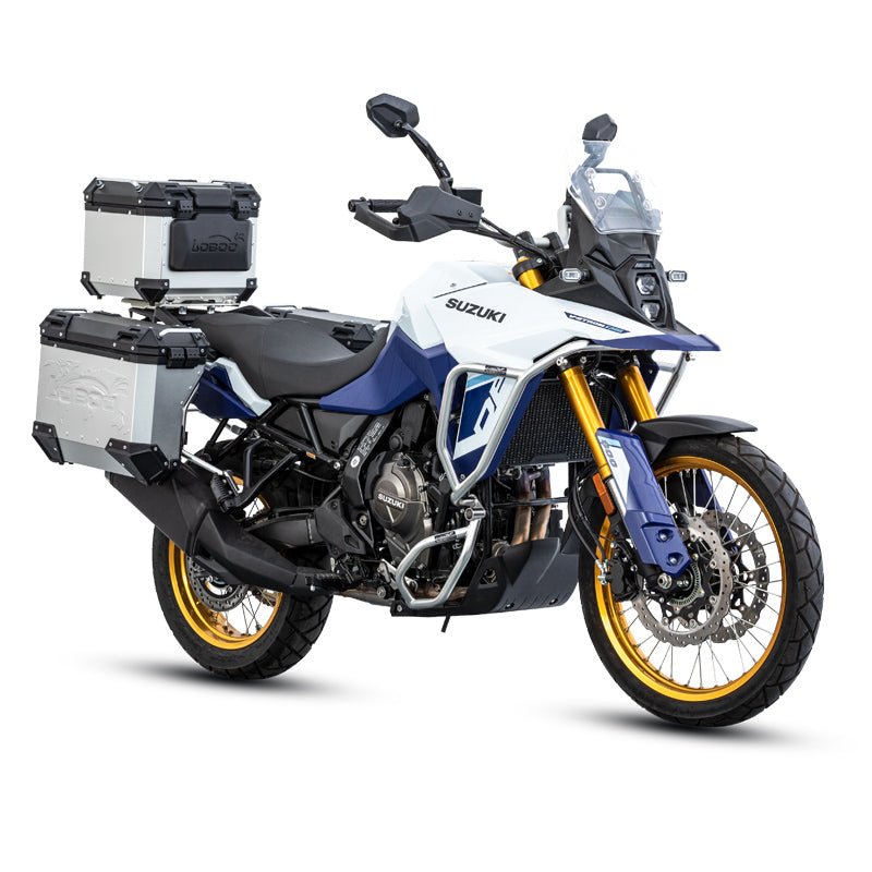 Suzuki V-Strom 800DE con crash bar LOBOO CHG421 montato, vista laterale dell'allestimento