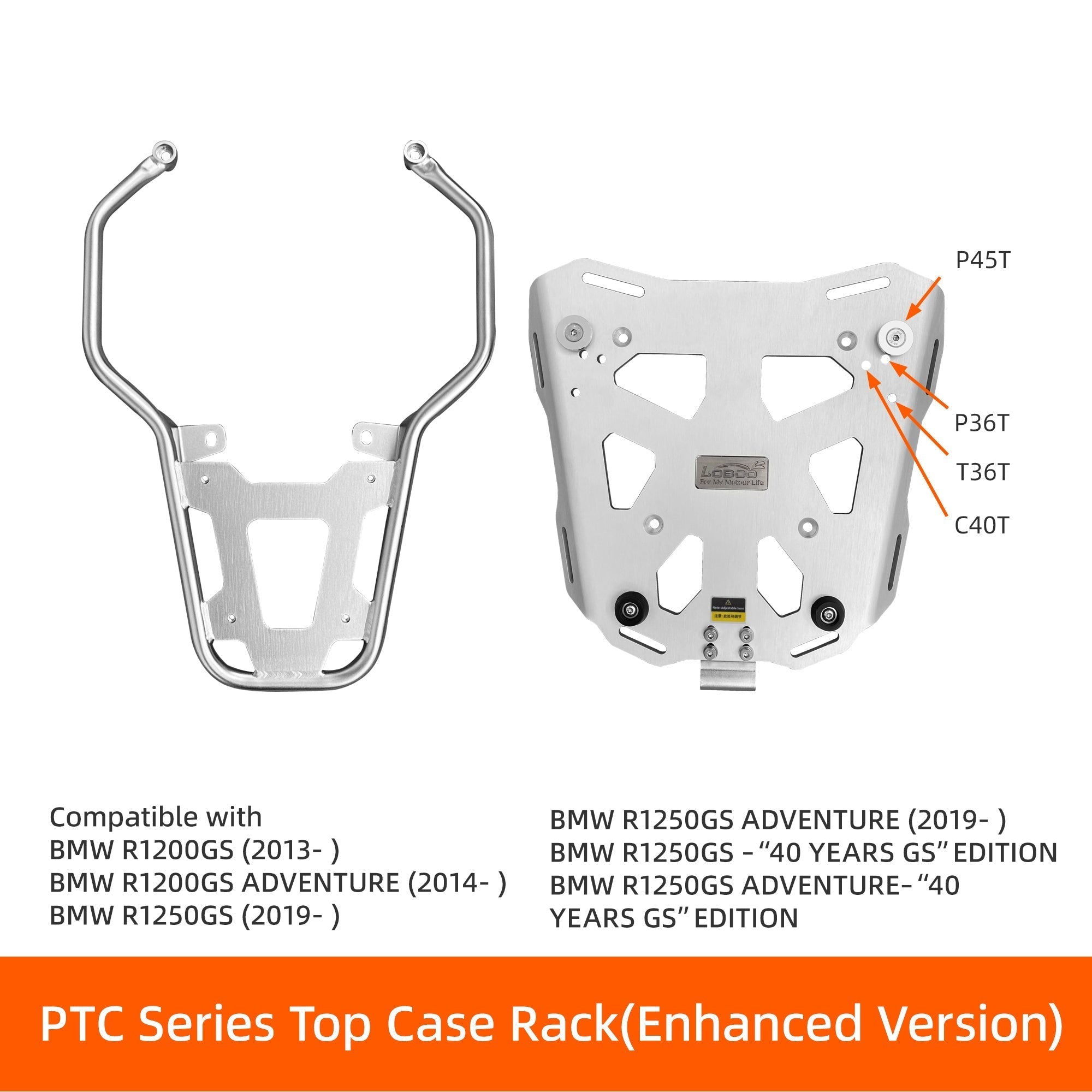 Portapacchi posteriore LOBOO serie PTC versione migliorata per BMW R1200GS e R1250GS