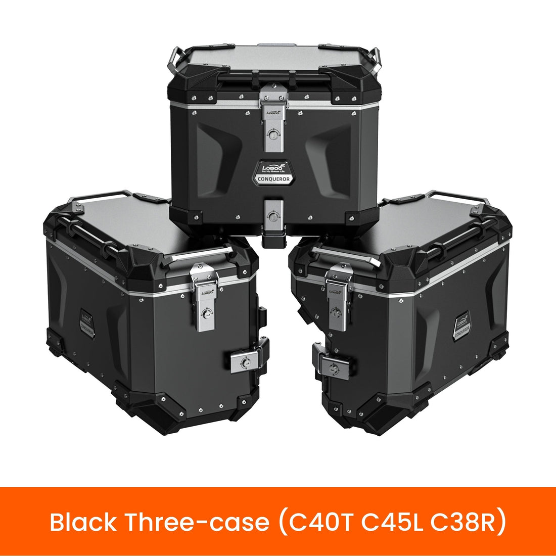 Set tre valigie LOBOO CONQUEROR nero con laterali asimmetriche C45L e C38R e bauletto C40T