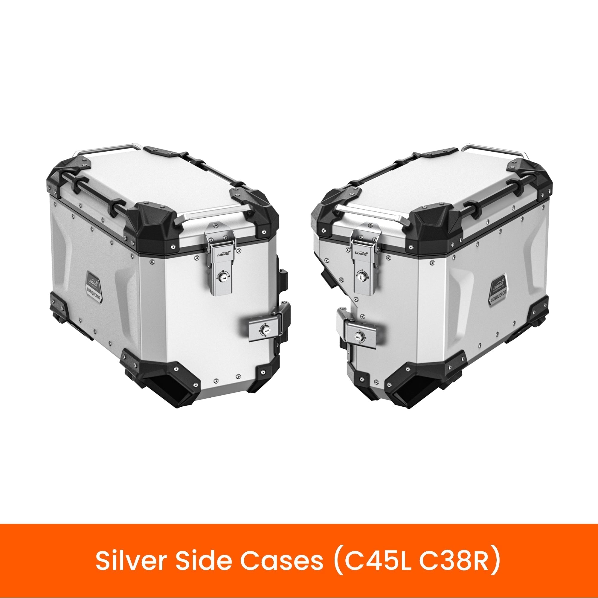 Valigie laterali asimmetriche LOBOO CONQUEROR C45L da 45 L e C38R da 38 L in alluminio argento